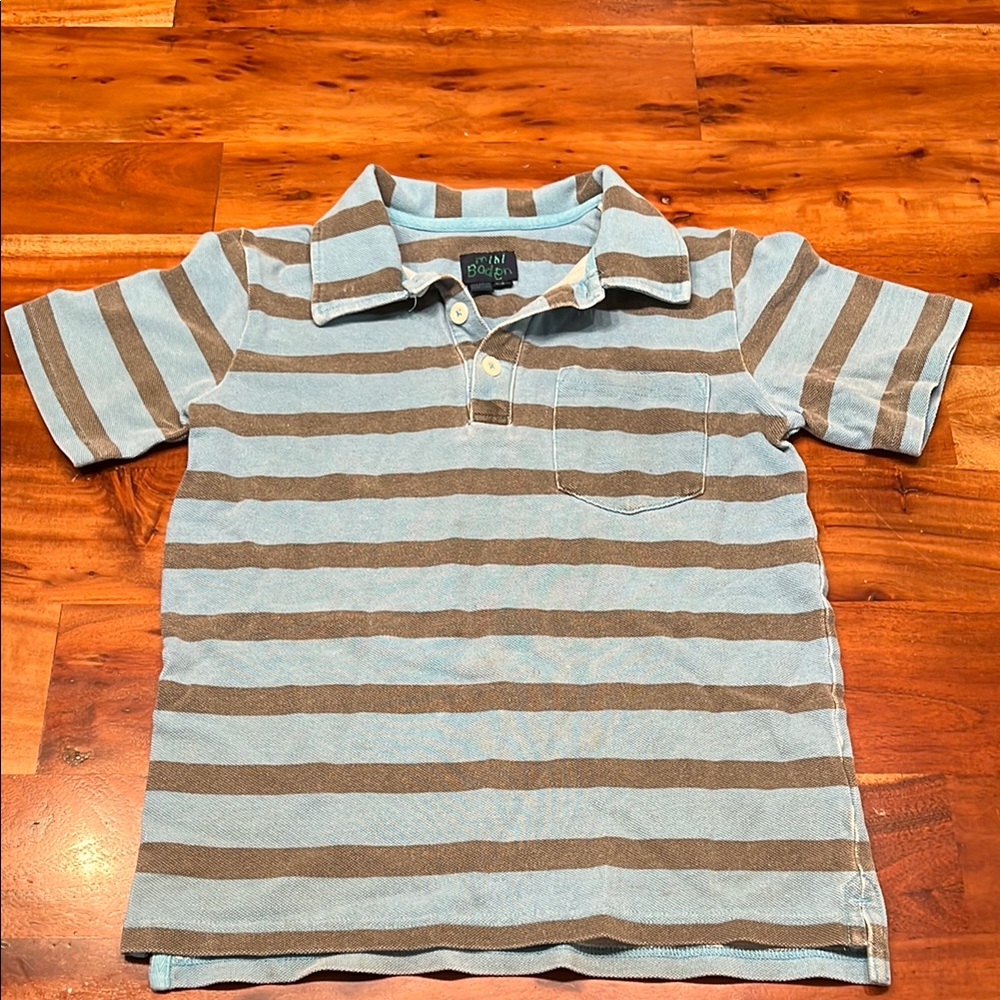 Mini Boden Blue and Brown Striped Short Sleeve Polo Shirt Kids Size 7-8